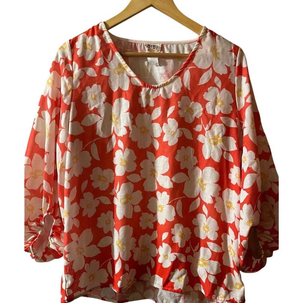 BIBI‎ Women's SZ Medium Orange Floral Spring Flowy Pirate Arms Top Blouse Summer